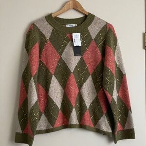 Moss Green & Coral Argyle Sweater with Metallic Stitching